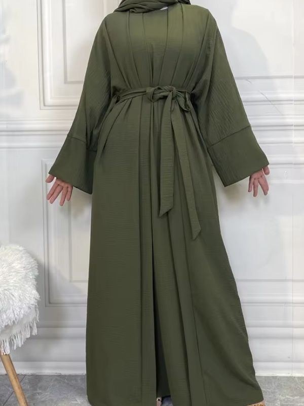 Abaya kimono en vert kaki avec ceinture