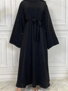 Abaya kimono noir ébène avec ceinture nouée à la taille et manches amples