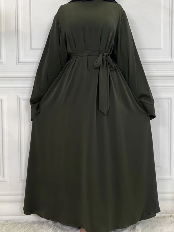 Abaya kimono vert olive avec ceinture nouée à la taille et manches longues