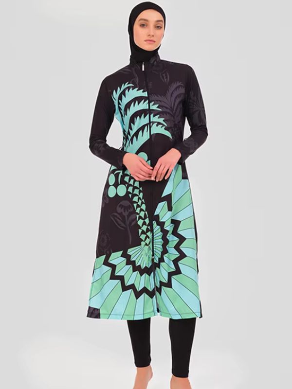Burkini long noir à palmier turquoise et soleil géométrique vert menthe, vue de face avec hijab noir