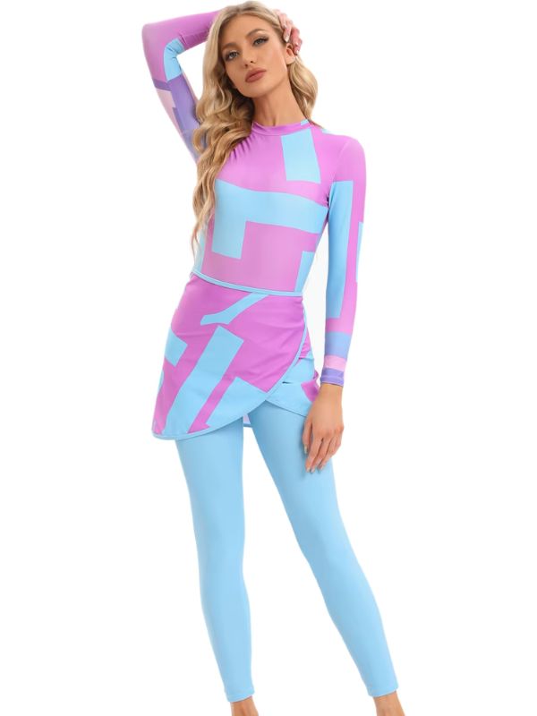 Burkini 4 pièces rose pastel et bleu ciel avec tunique ajustée