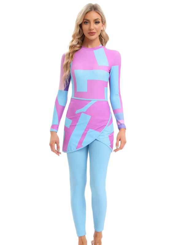 Burkini 4 pièces rose pastel et bleu ciel avec tunique ajustée