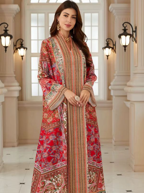 Caftan marocain rouge à imprimé cachemire multicolore, manches amples, debout de face