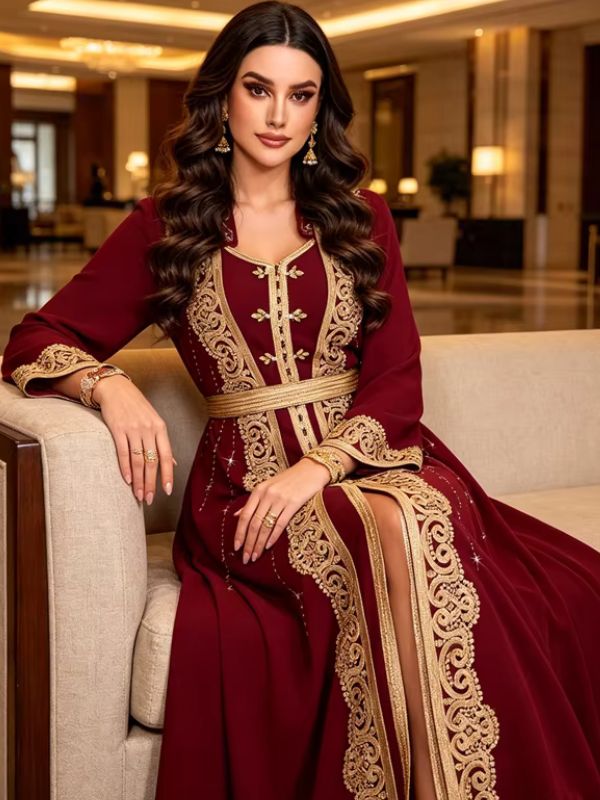Caftan bordeaux assise sur canapé, sfifa dorée à boutons aakad et large ceinture ouvragée