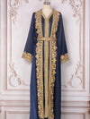 Caftan marocain bleu royal avec ceinture brodée et finitions dorées