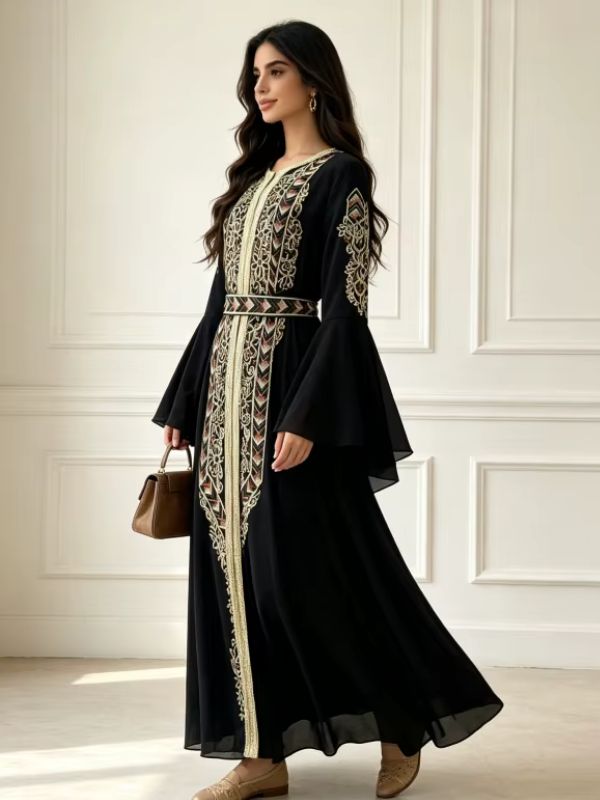 Femme de profil en caftan noir avec un petit sac marron