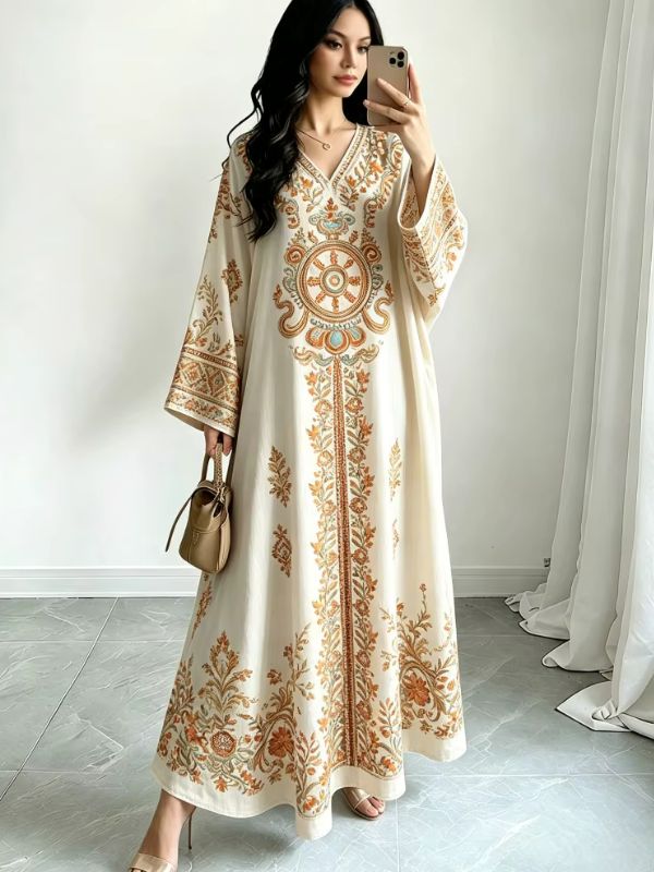 Femme en djellaba ivoire à broderies orangées et médaillon oriental