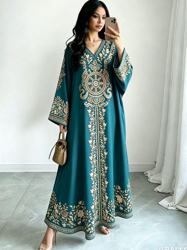 Femme en djellaba bleu canard à broderies dorées et médaillon turquoise oriental