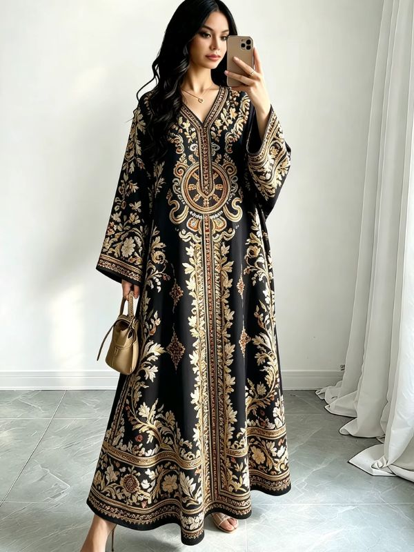 Femme en djellaba noire à broderies dorées et médaillon oriental filigrané