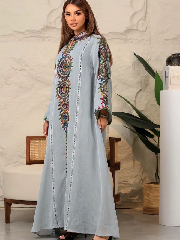 Tunique Transparente Guru Avec Broderies Bleu Gris - Taille XL, Occasion Très Bon état, Style Bohème