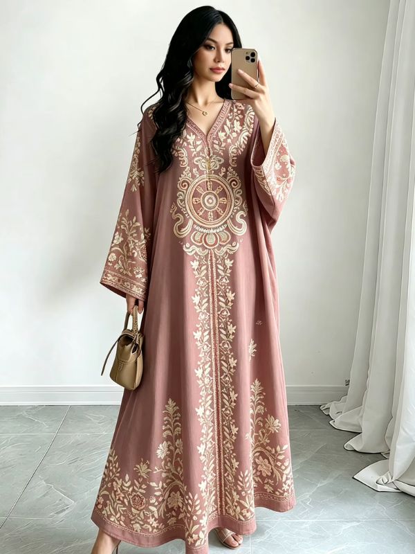 Femme en djellaba rose poudré à broderies ivoire et médaillon oriental