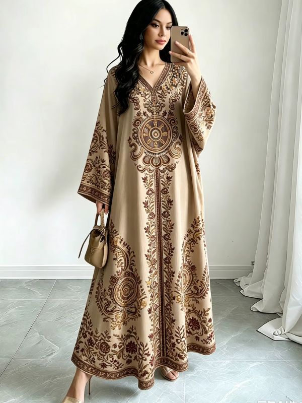 Femme en djellaba beige sable à broderies brunes et médaillon oriental