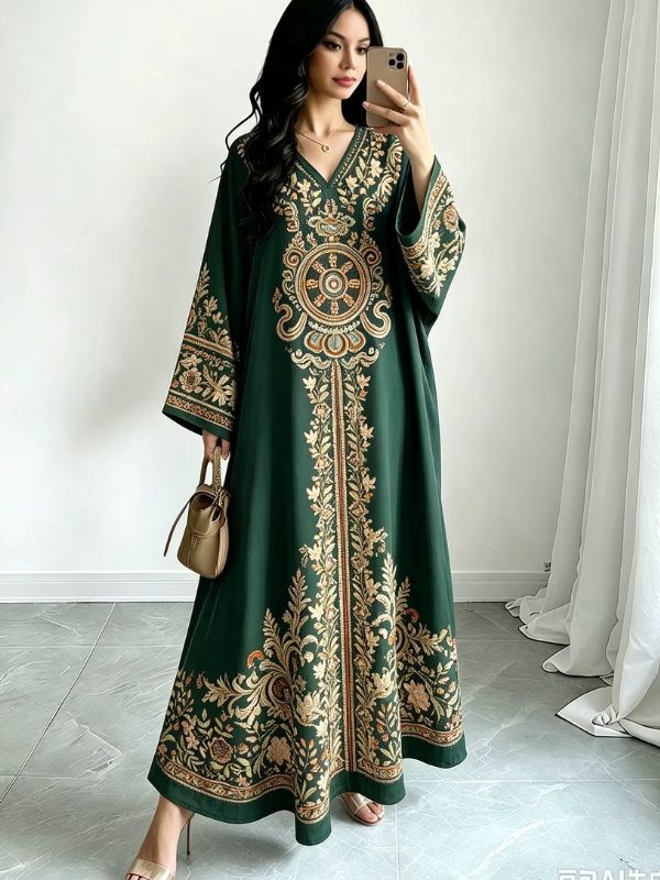 Femme en djellaba verte à broderies dorées et médaillon oriental