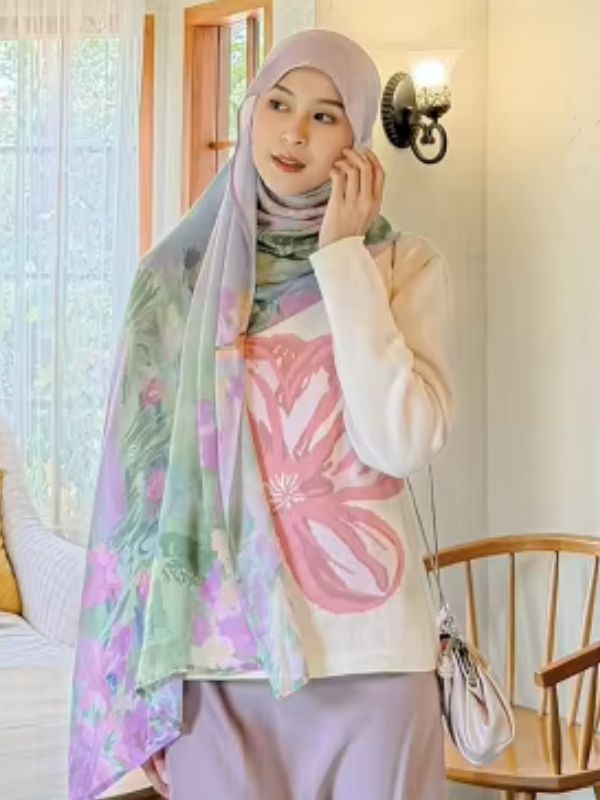 Hijab en coton imprimé lilas fleuri, porté de trois quarts, main relevée vers l'oreille, floral à l'aquarelle lilas, rose et vert sauge
