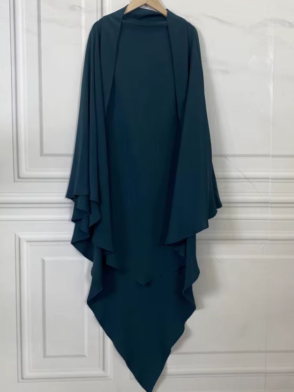 Khimar long bleu canard à deux voiles superposés