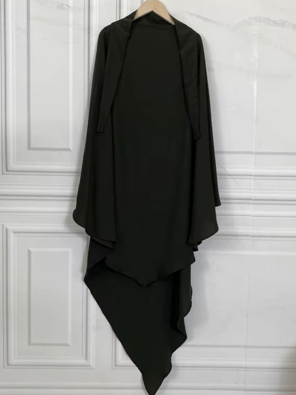 Khimar long kaki à deux voiles superposés et jupe asymétrique assortie
