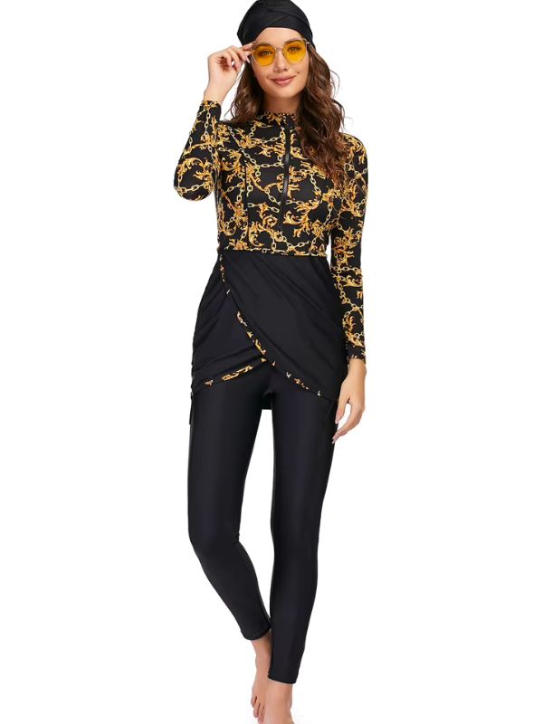 Maillot de bain burkini 3 pièces noir baroque