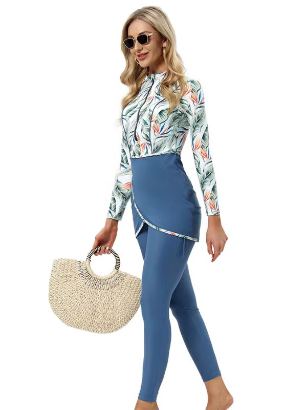 Burkini bleu et blanc à manches longues et imprimé feuillage